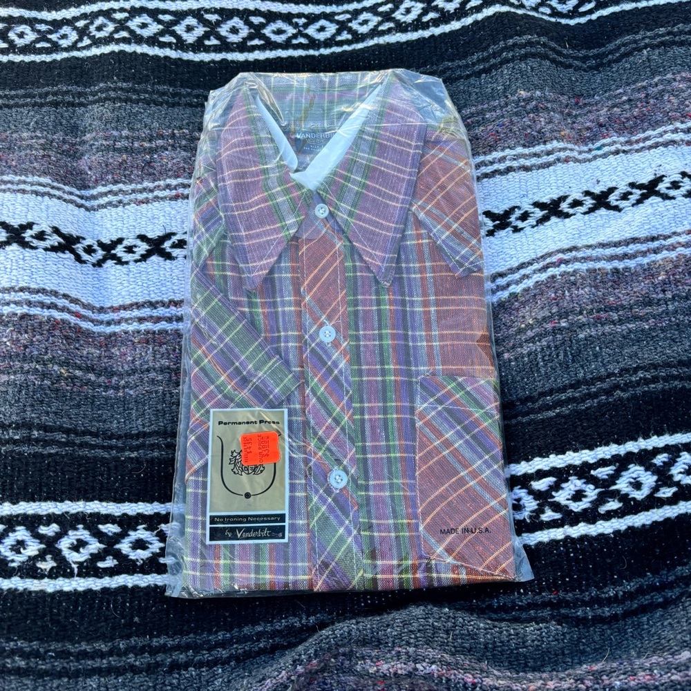 NWT VTG 70s VANDERBILT MULTICOLOR PLAID BUTTON DOWN SHIRT SIZE 14
